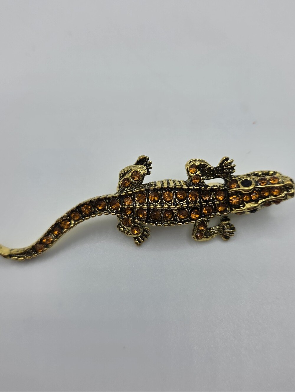 Gold Alligator Brooch Amber Rhinestone Antique Style Statement Pin